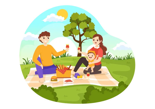 Young boy and girl Sitting on Green Grass in Nature on Summer Holiday  Illustration