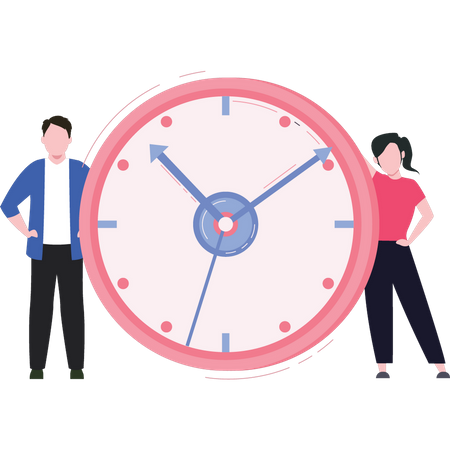 Young boy and girl standing near clock  Illustration