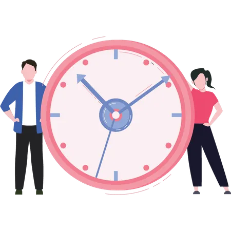 A Boy And A Girl Are Standing Near A Clock Illustration