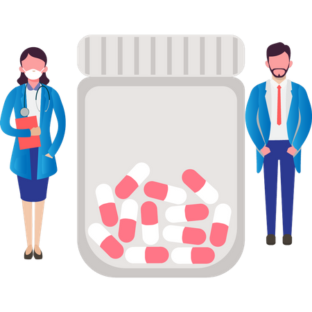 Young boy and girl standing next to  bottle of pills  Illustration