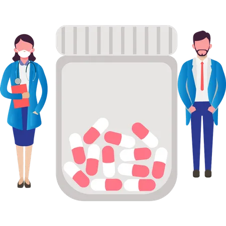 Young boy and girl standing next to  bottle of pills  Illustration