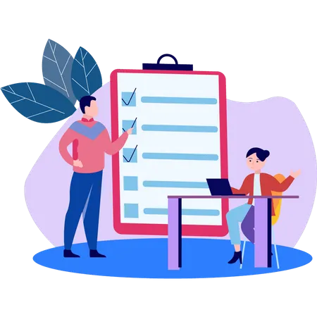 A Boy And A Girl Are Talking About A Checklist Illustration