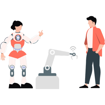 Young boy and robot girl taking  Illustration