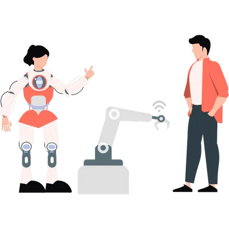 Young boy and robot girl taking  Illustration