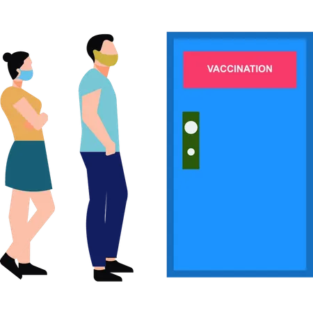 A Boy And A Girl Are Standing Outside The Vaccination Office Illustration