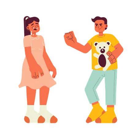 Young Boy Bullying Little Girl In Tears Semi Flat Color Vector Characters Bully Kid Stealing Bear Toy Editable Full Body People On White Simple Cartoon Spot Illustration For Web Graphic Design Illustration