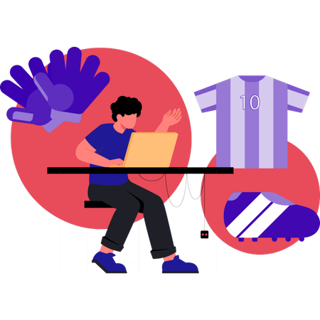 サッカーTシャツをオンラインで購入する少年  イラスト
