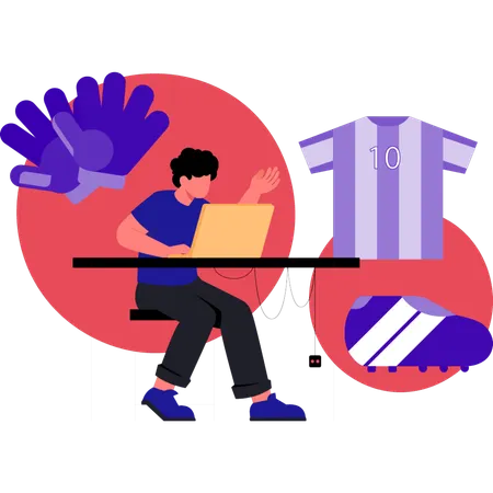 サッカーTシャツをオンラインで購入する少年  イラスト