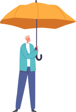 Young Boy Character Holding Open Yellow Umbrella Sheltered From The Rain  Illustration