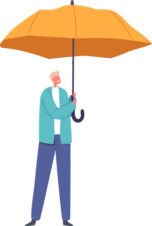 Young Boy Character Holding Open Yellow Umbrella Sheltered From The Rain  Illustration