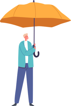 Young Boy Character Holding Open Yellow Umbrella Sheltered From The Rain  Illustration