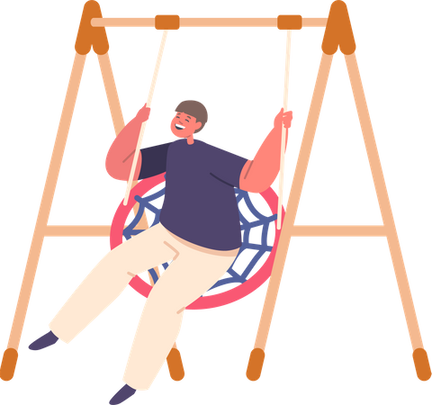Young Boy Character Joyfully Swings Back And Forth On A Playground Swing  Illustration