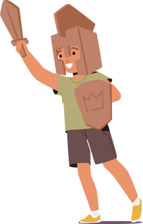 Young Boy Character Proudly Dons A Homemade Cardboard Knight Costume  Illustration