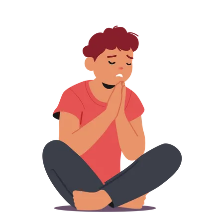 Young Boy Character Sitting With Folded Hands And Closed Eyes Expressing A Heartfelt Prayer Seeking Guidance Comfort And Connection With The Divine Cartoon People Vector Illustration Illustration