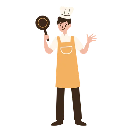 Young boy chef standing holding a frying pan  Illustration