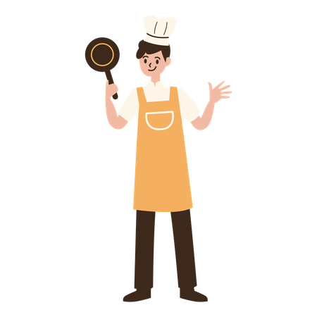 Young boy chef standing holding a frying pan  Illustration