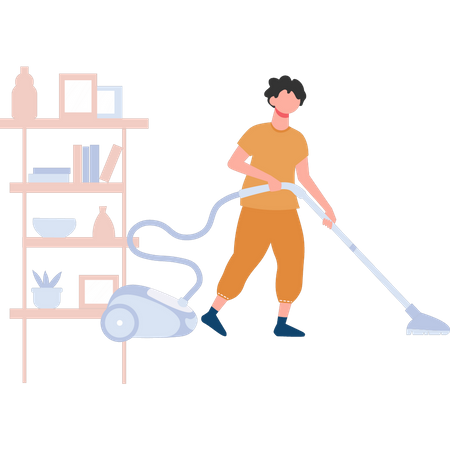 Young boy cleaning floor with vacuum cleaner  Illustration