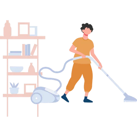 The Boy Is Cleaning The Floor With A Vacuum Cleaner Illustration