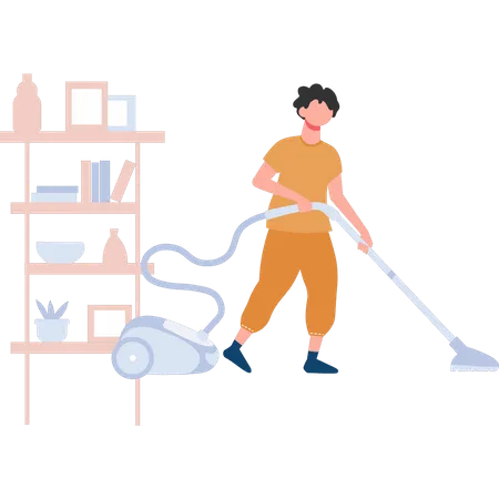 Young boy cleaning floor with vacuum cleaner  Illustration