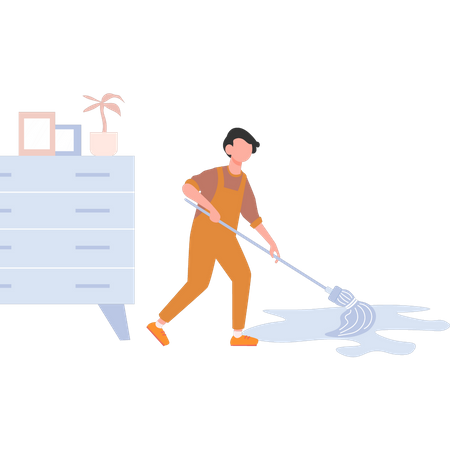 Young boy cleaning the floor with mop  Illustration