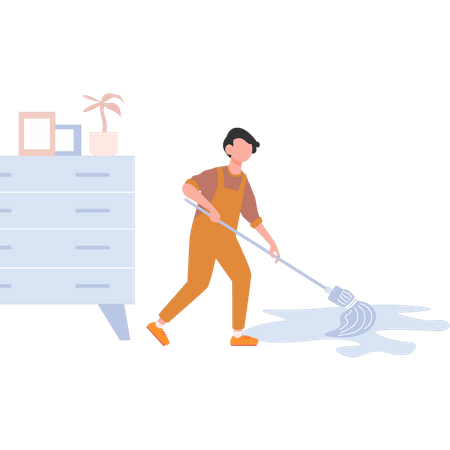 Young boy cleaning the floor with mop  Illustration