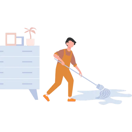 Young boy cleaning the floor with mop  Illustration