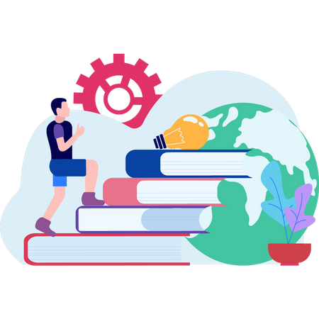 Young boy climbing books  イラスト