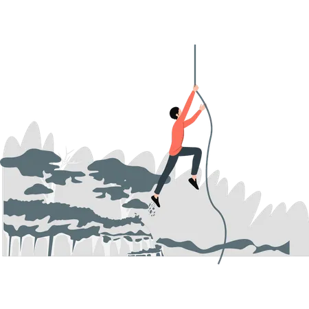 Young boy crossing ditch hanging on rope  Illustration