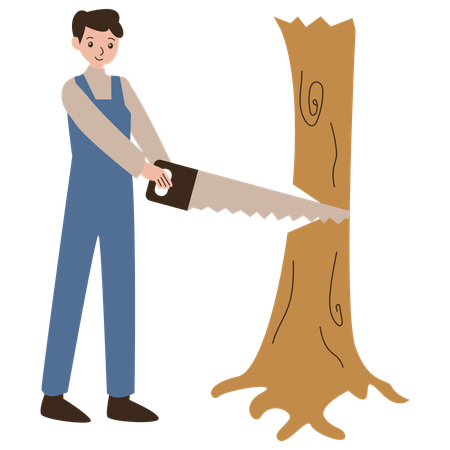 Young boy cutting tree using handsaw  Illustration