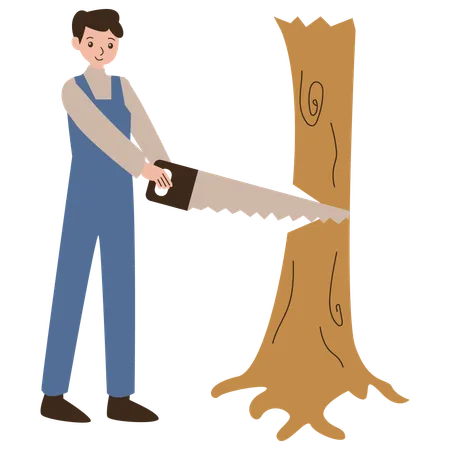 Young boy cutting tree using handsaw  Illustration