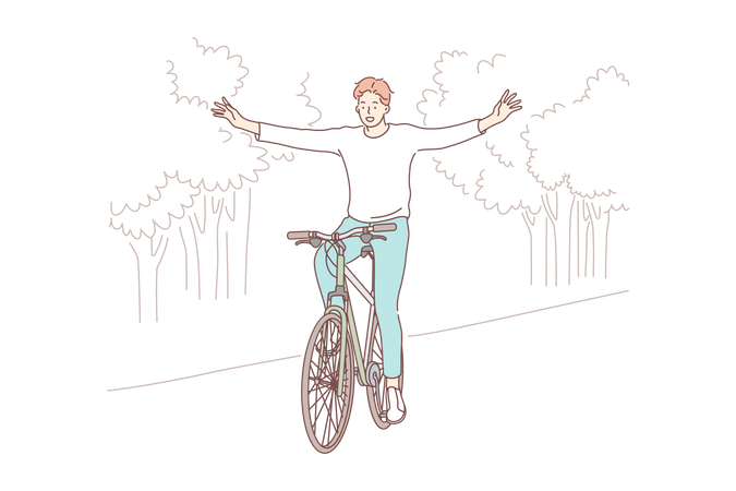 Young boy cyclist indulges in bicycling without hands in park  Illustration