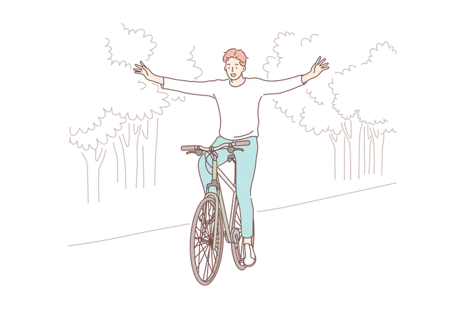 Young boy cyclist indulges in bicycling without hands in park  Illustration