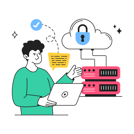 Young boy doing analyzing of cloud data  Illustration