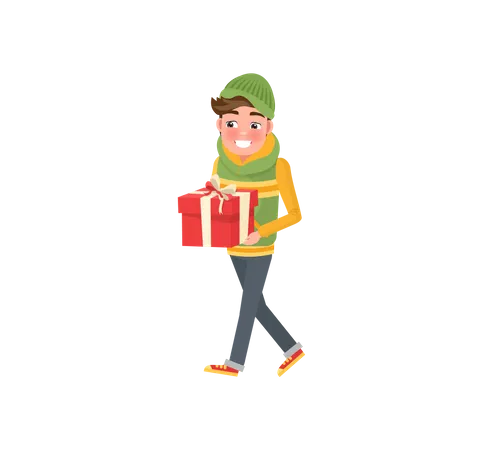 Boy With Packed Present In Hat And Scarf Vector Isolated On White Christmas Time Celebration Person With Gift Box Wrapped Package With Bow Illustration