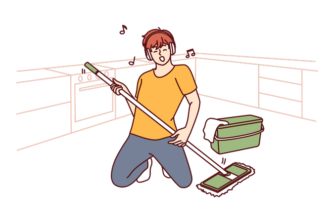 Young boy doing cleaning floor using mop Illustration