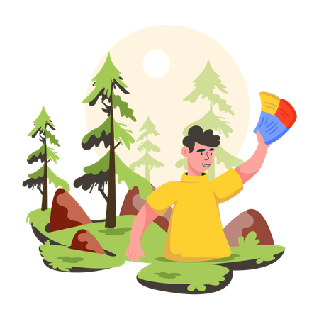 Young boy doing forest trip  Illustration