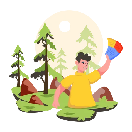 Young boy doing forest trip  Illustration