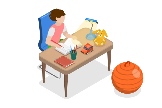 3 D Isometric Flat Vector Conceptual Illustration Of Kid Doing Homework Learning And Education Illustration