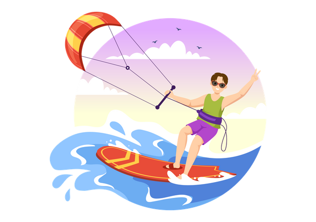 Young boy doing kitesurfing  Illustration
