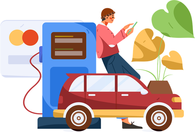 Young boy doing mobile payment at petrol pump  Illustration