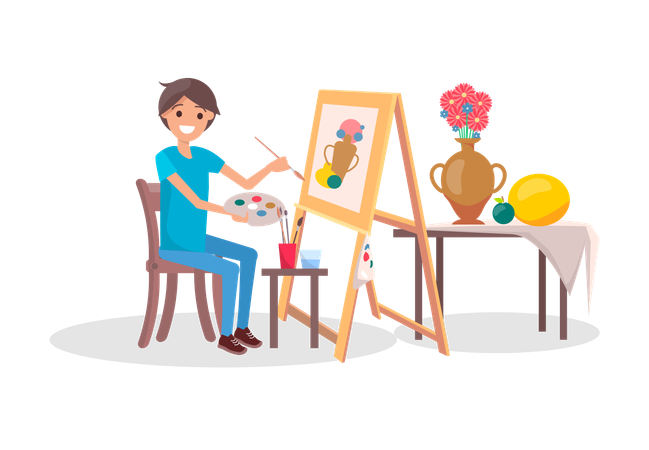 Young boy doing painting on canvas  Illustration