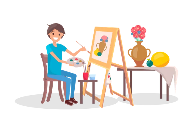 Young boy doing painting on canvas  Illustration