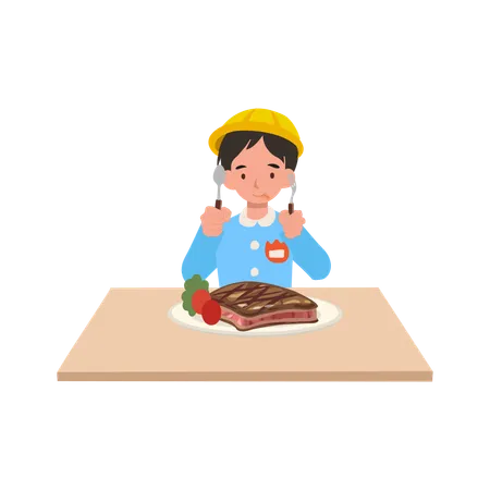 Young boy eating steak meal at dining table in japanese kindergarten uniform enjoying food  Illustration