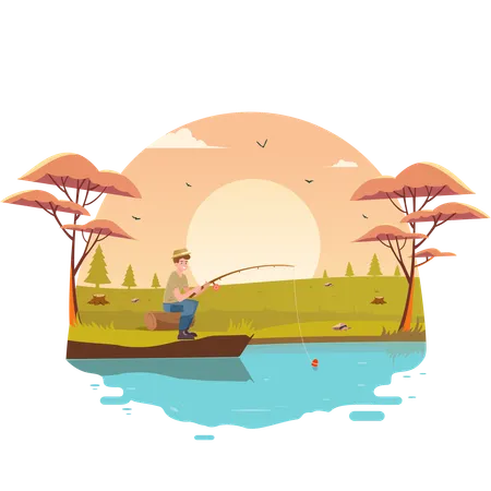 Young boy fishing at lake  Illustration