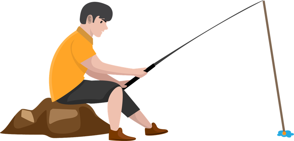 Young boy fishing while sitting on rocks  Illustration