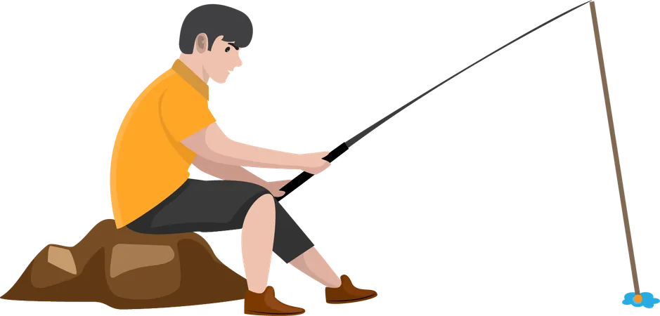 Young boy fishing while sitting on rocks  Illustration