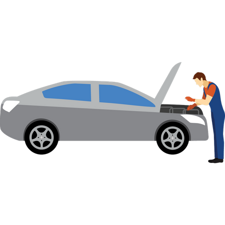 Young boy fixing bonnet of car  Illustration