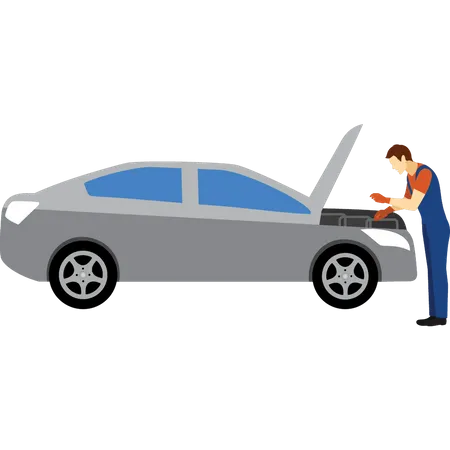 Young boy fixing bonnet of car  Illustration