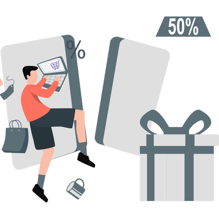 Young boy getting lot of profit with discount  Illustration