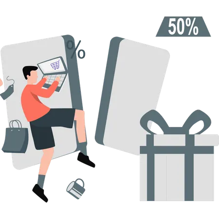 Young boy getting lot of profit with discount  Illustration